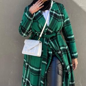 Green plaid trench coat